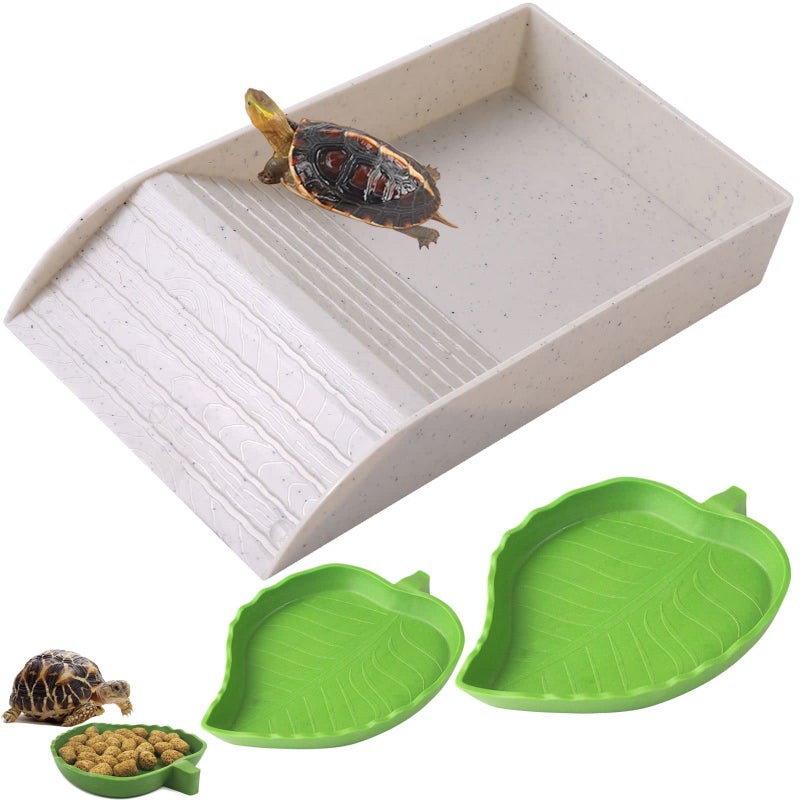 XDONEF 3pcs Tortoise Food Dish with Ramp and Basking Platform Leaf Tortoise Water Food Bowls Reptile Water Dish Turtle Reptile Pool for Amphibians Gray - Image 1